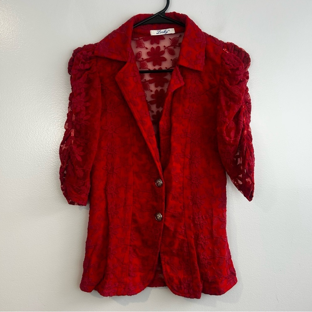 Lonky Y2K Red Lace Puff Shoulder Button Down Mesh Blouse Size Small